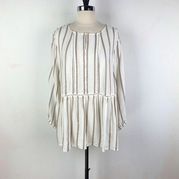 FEVER Womans Tunic Blouse Large Tan Ivory Striped Relaxed Peasant Boho Gypsy NWT - Picture 1 of 9